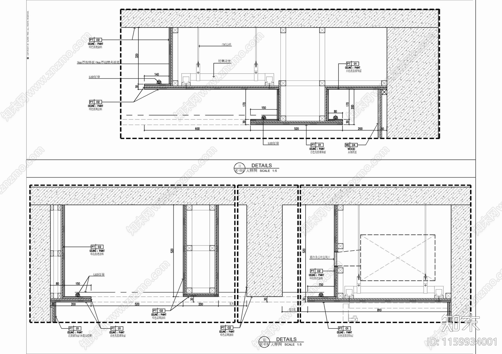 大平层天棚石膏板防腐木吊顶施工详图cad施工图下载【ID:1159934001】