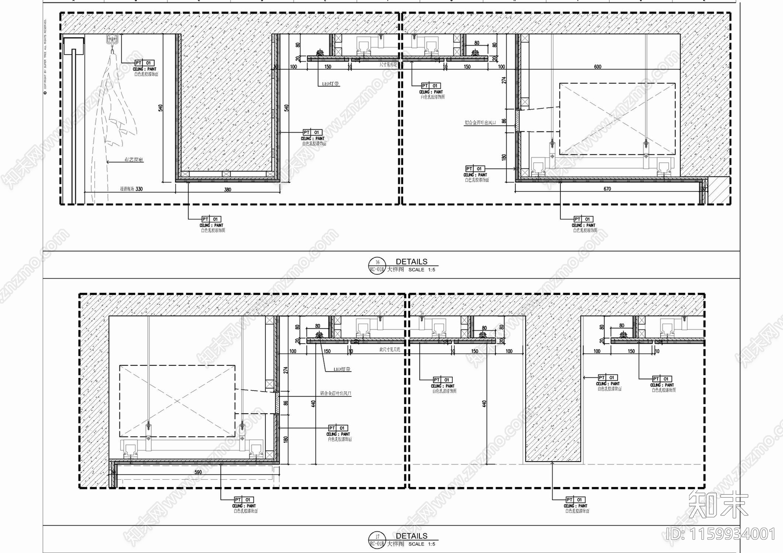 大平层天棚石膏板防腐木吊顶施工详图cad施工图下载【ID:1159934001】