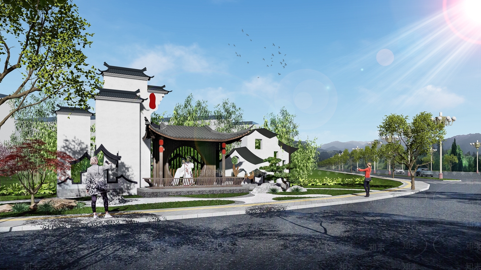 新中式乡村入口艺术景墙SU模型下载【ID:1160041272】