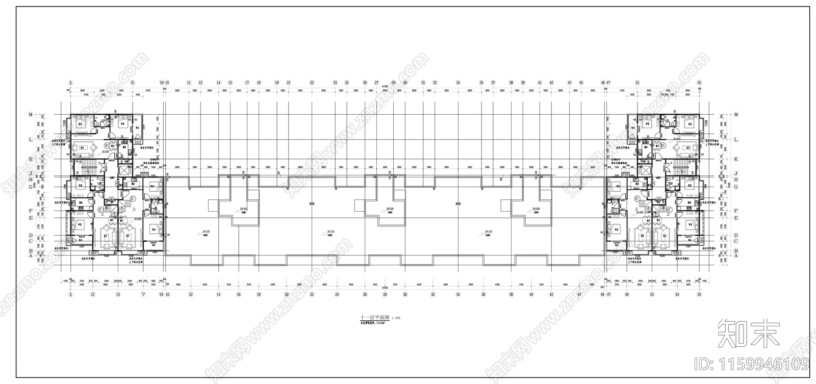 U型十一层商住楼建cad施工图下载【ID:1159946109】