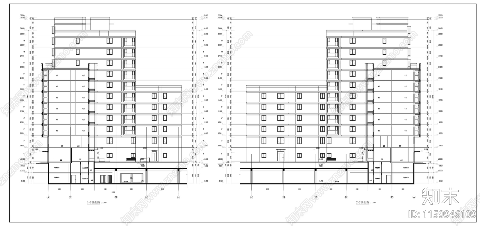 U型十一层商住楼建cad施工图下载【ID:1159946109】
