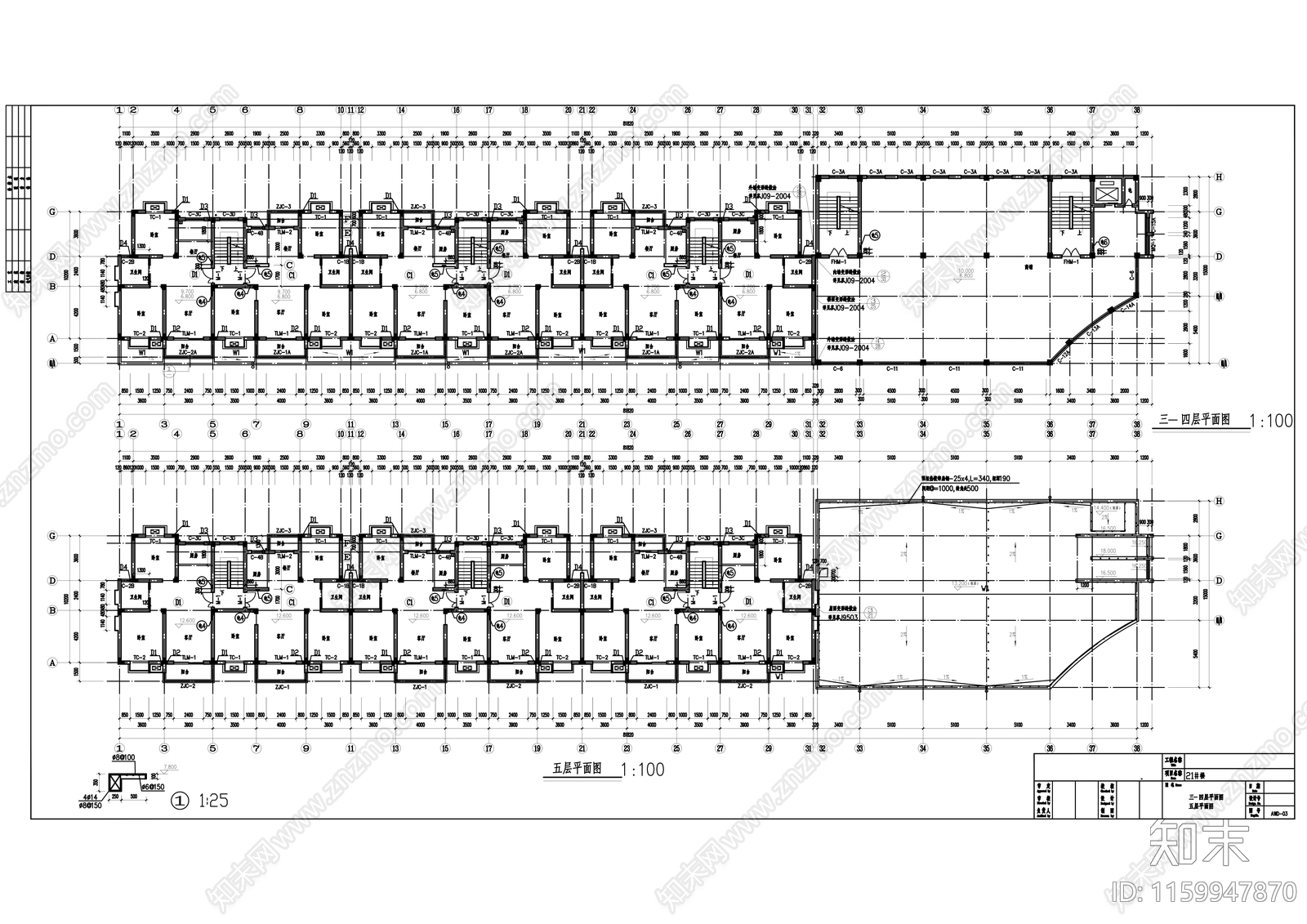 五层住宅楼建cad施工图下载【ID:1159947870】