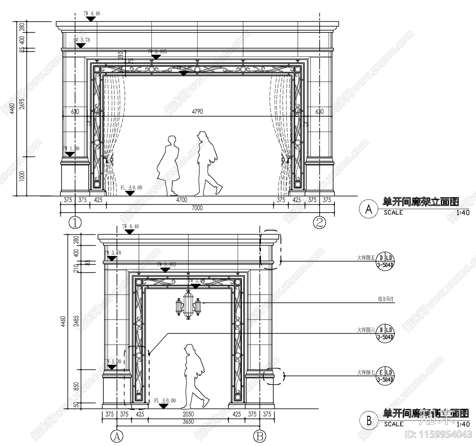 欧式单开间廊架详图cad施工图下载【ID:1159954043】