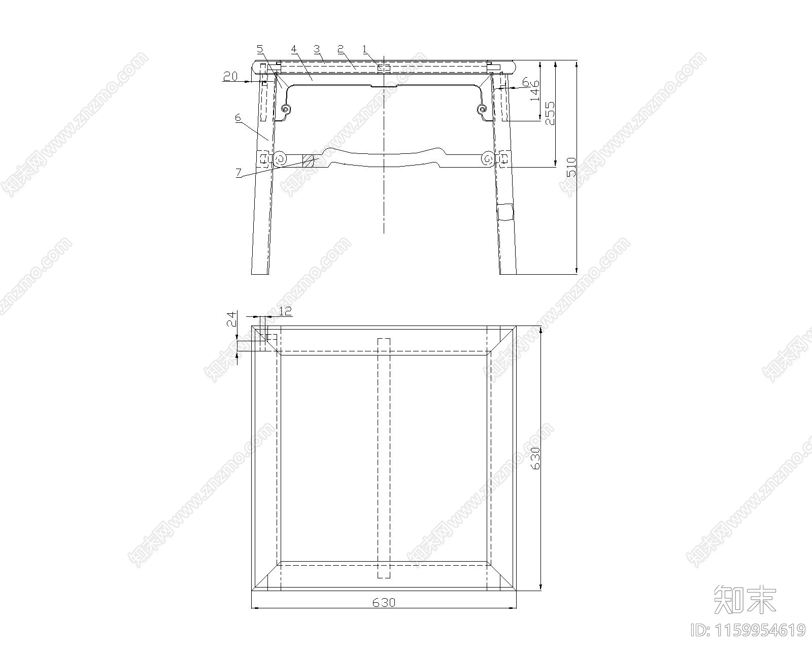 红木云纹方杌cad施工图下载【ID:1159954619】