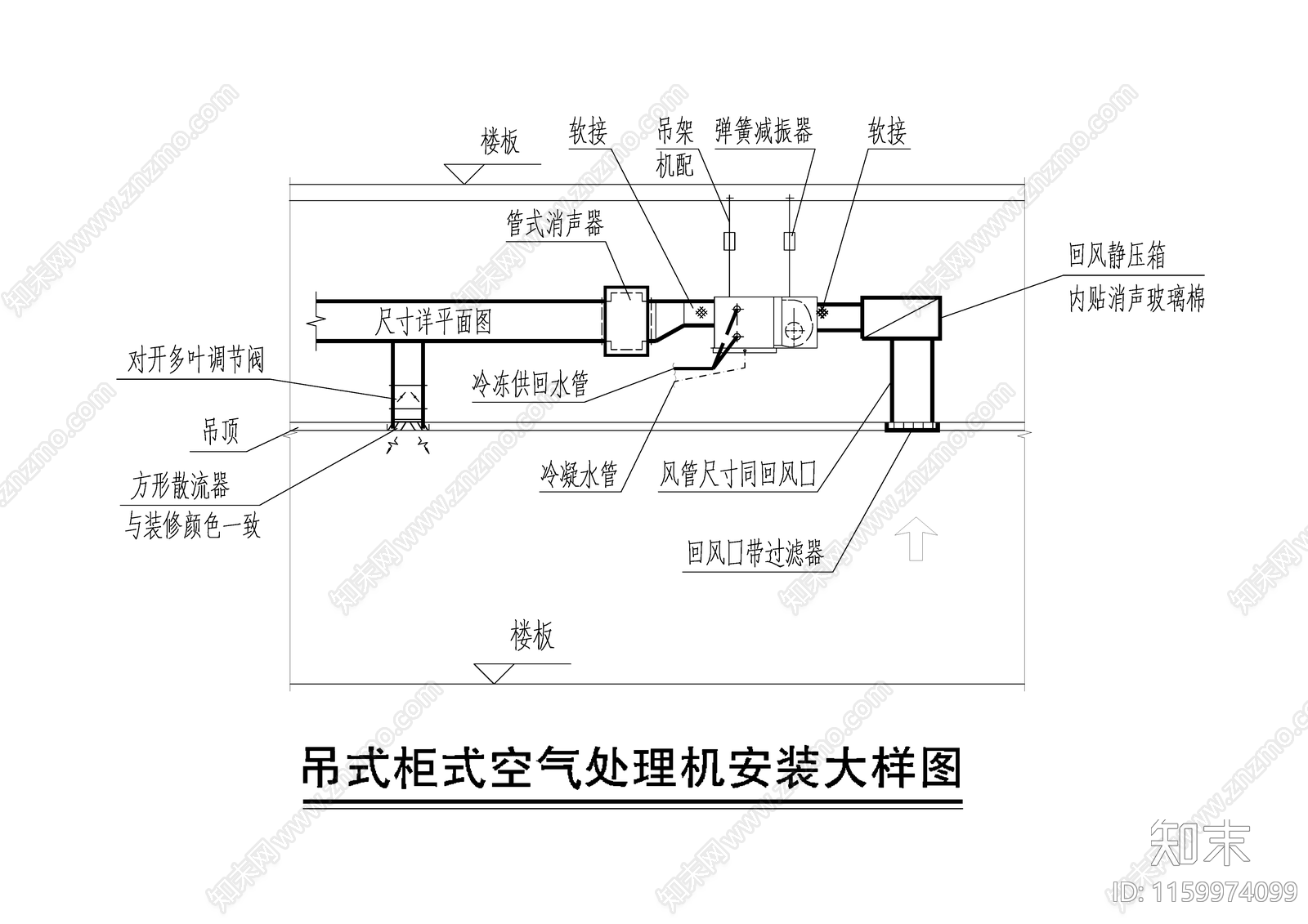 吊式柜式空气处理机安装大样图cad施工图下载【ID:1159974099】