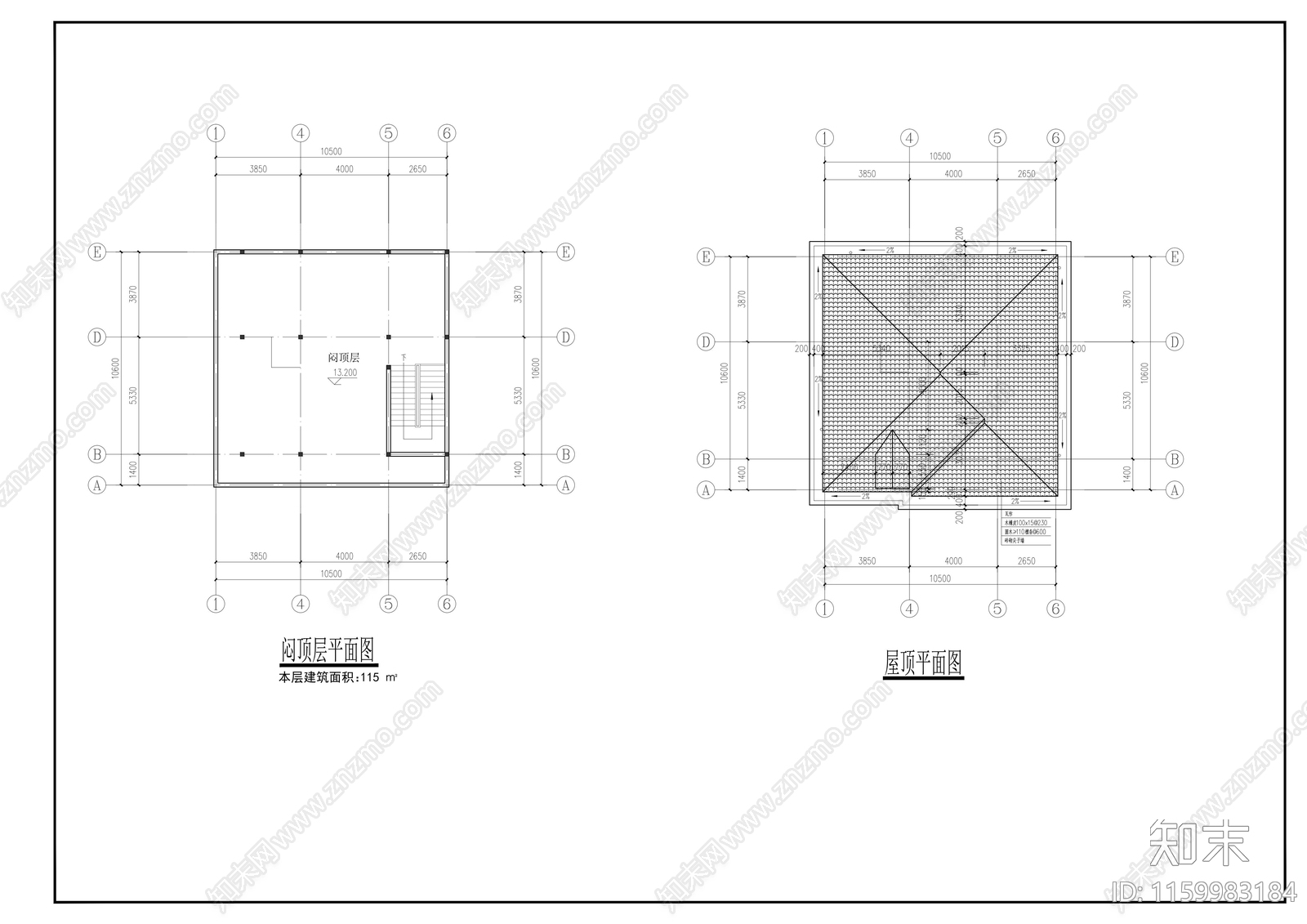 10mx10m四层坡屋顶别cad施工图下载【ID:1159983184】