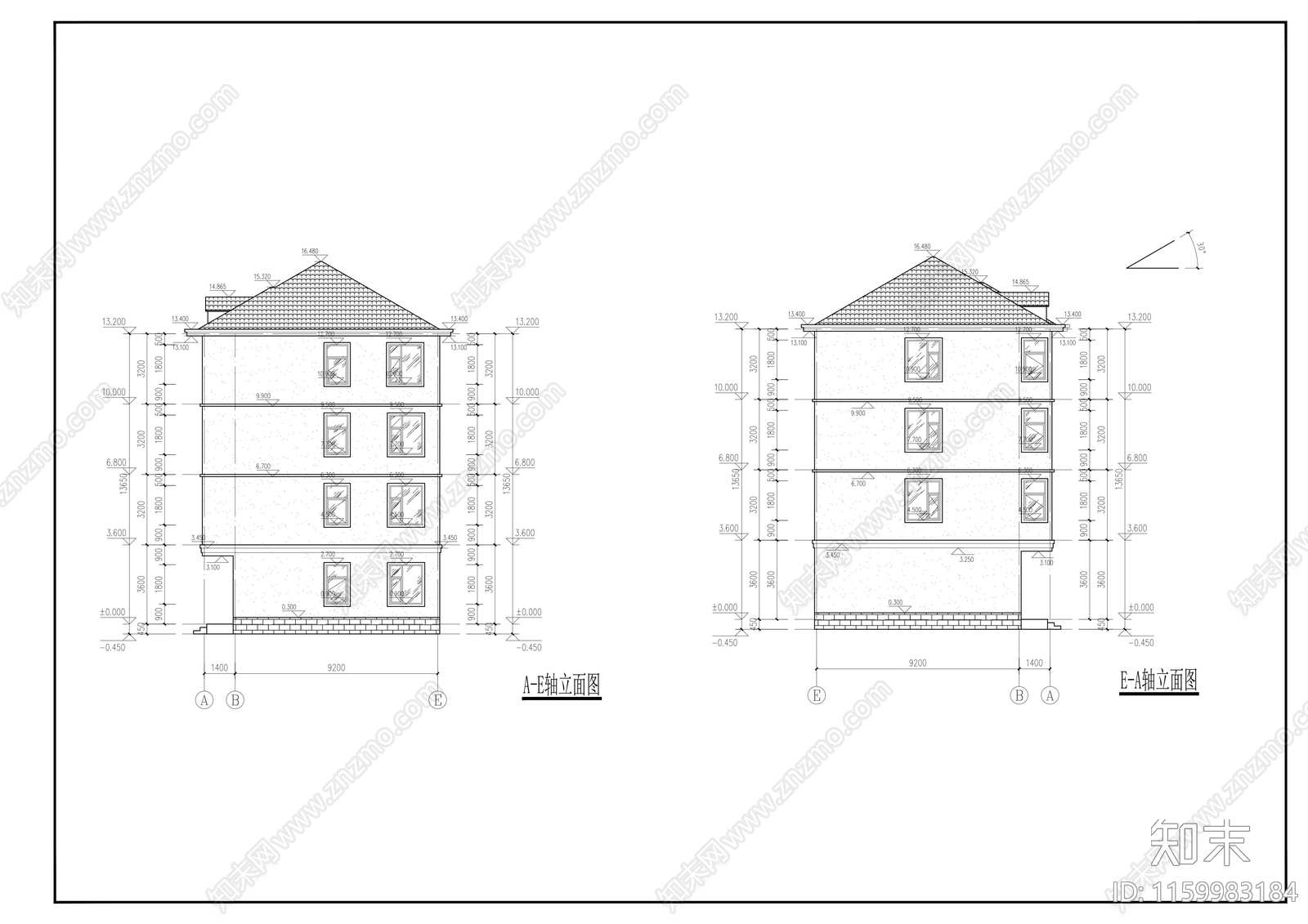 10mx10m四层坡屋顶别cad施工图下载【ID:1159983184】