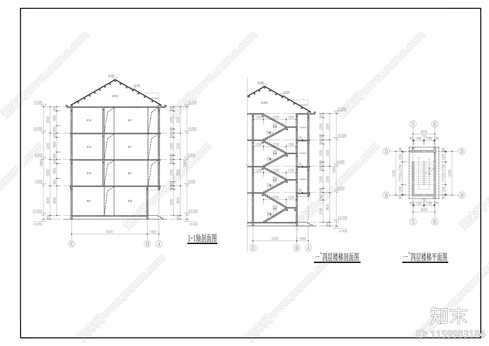 10mx10m四层坡屋顶别cad施工图下载【ID:1159983184】