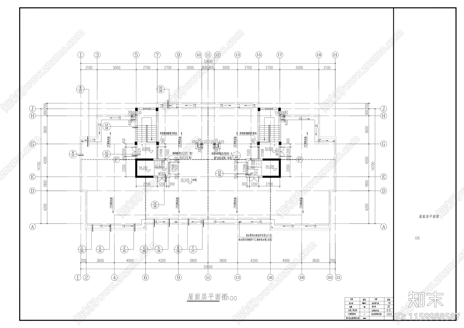 一梯两户两单元三房两厅两卫高层住宅cad施工图下载【ID:1159988587】