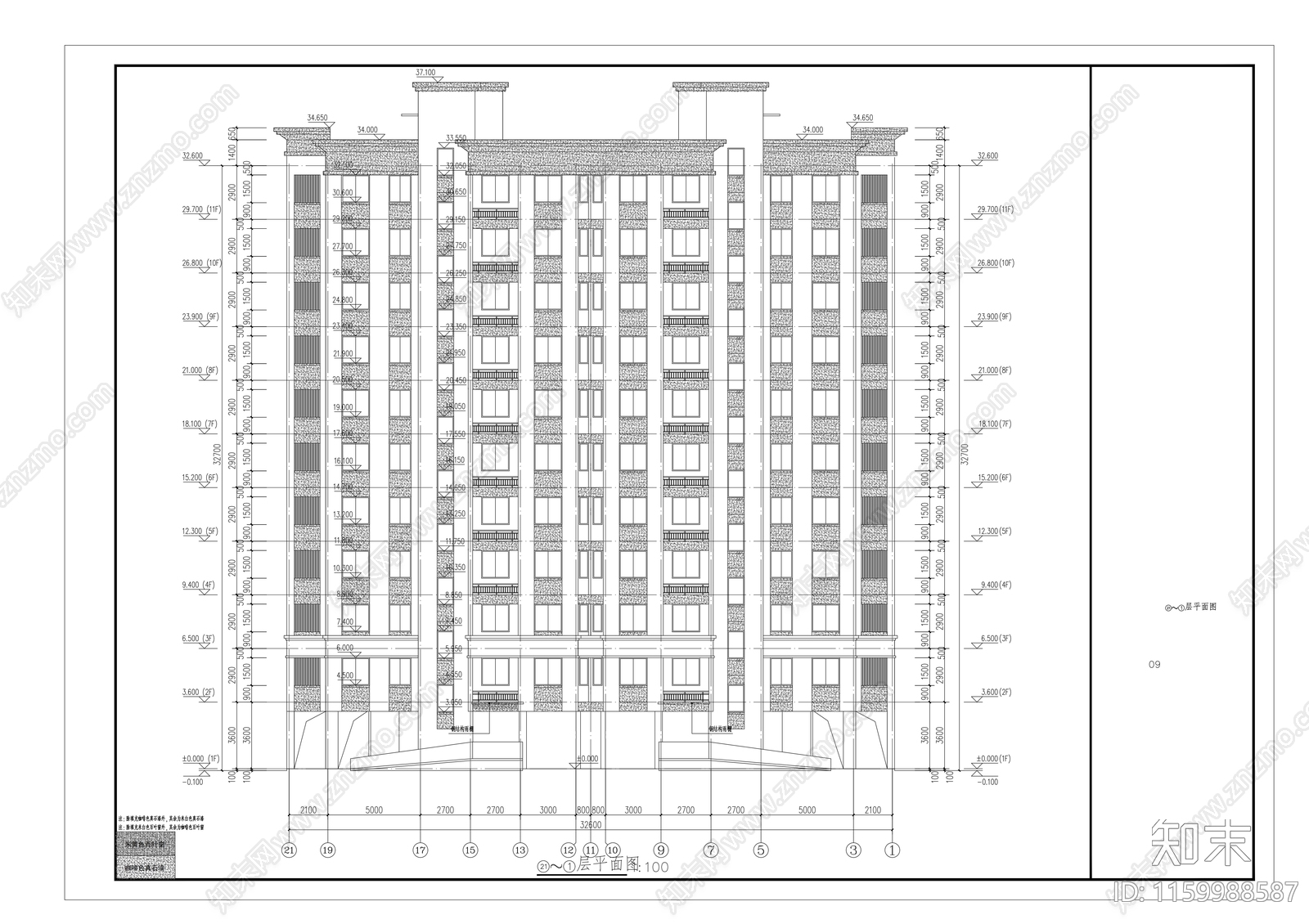 一梯两户两单元三房两厅两卫高层住宅cad施工图下载【ID:1159988587】