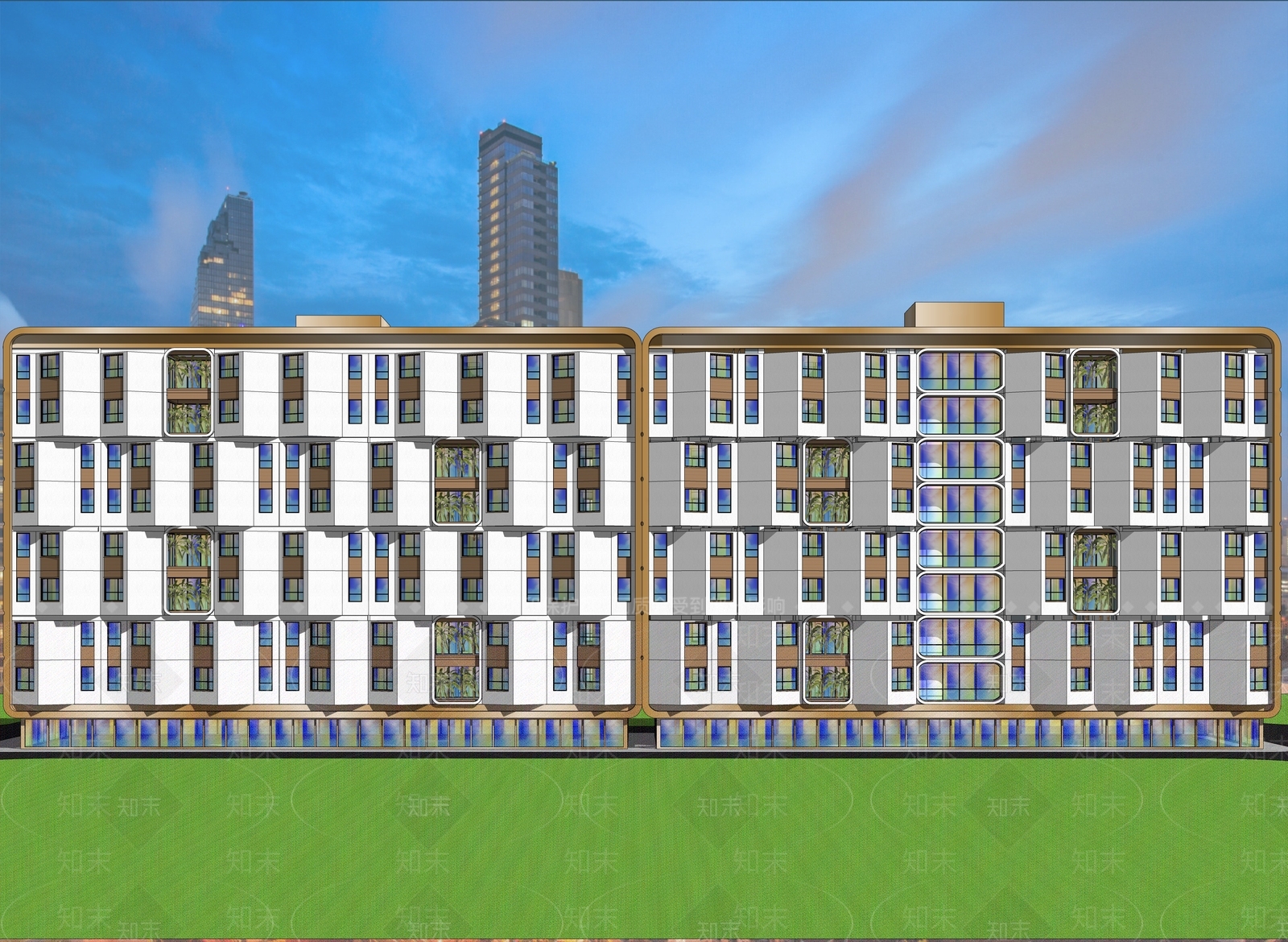 沿街斜切窗景酒店建筑SU模型下载【ID:1159989009】