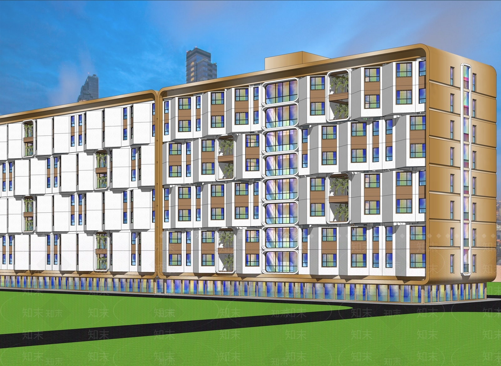 沿街斜切窗景酒店建筑SU模型下载【ID:1159989009】