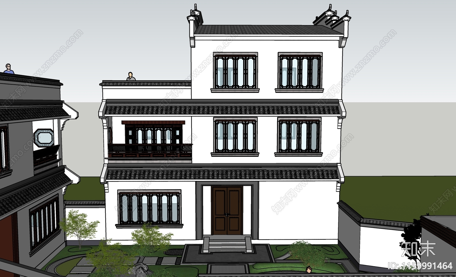 新中式四合院住宅建筑加庭院园林景观SU模型下载【ID:1159991464】