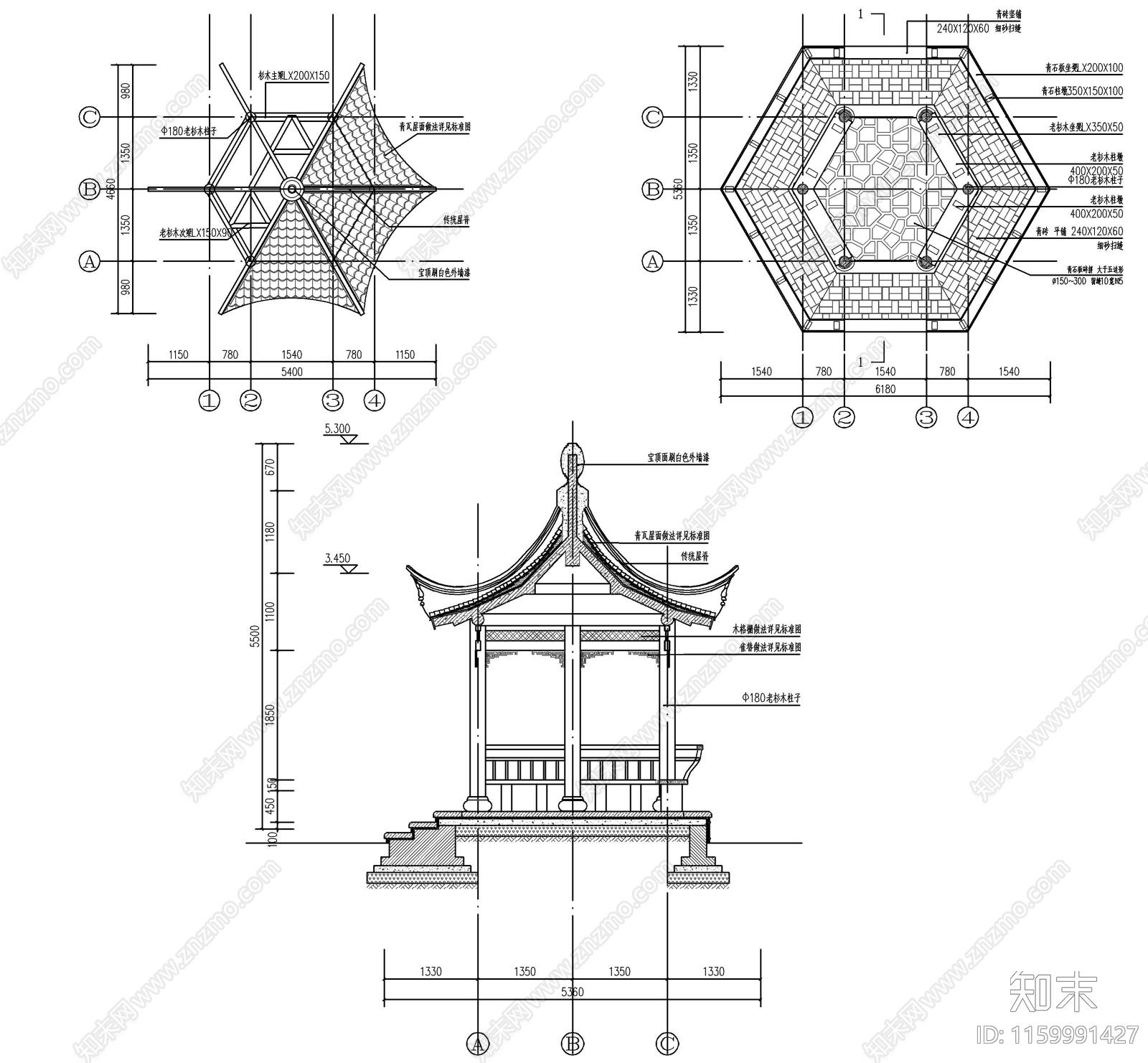 中式六角古建筑景观cad施工图下载【ID:1159991427】