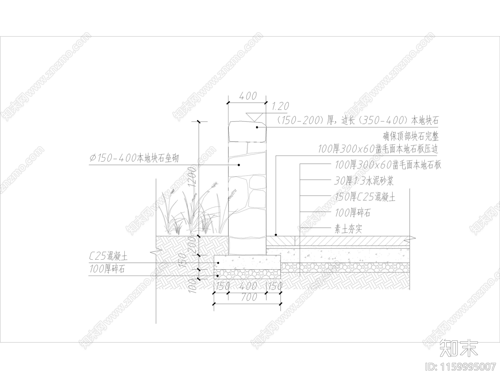 块石挡墙景观cad施工图下载【ID:1159995007】