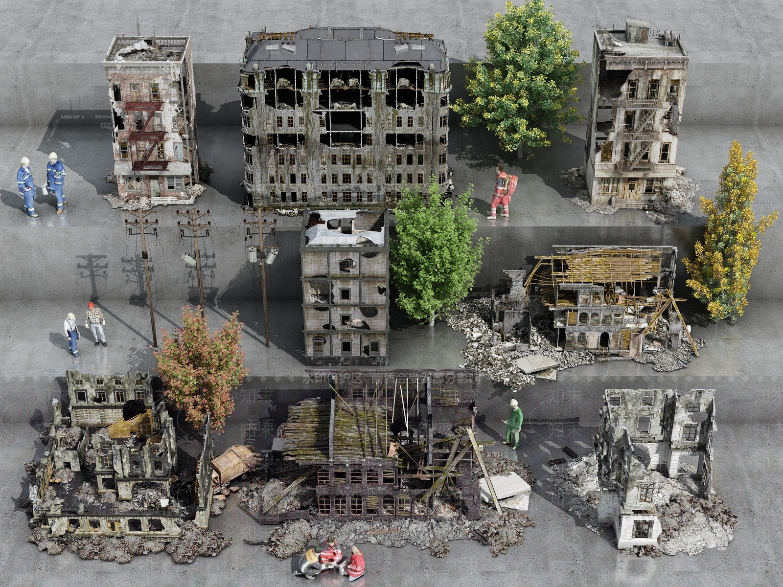 现代建筑废墟组合3D模型下载【ID:1159995704】