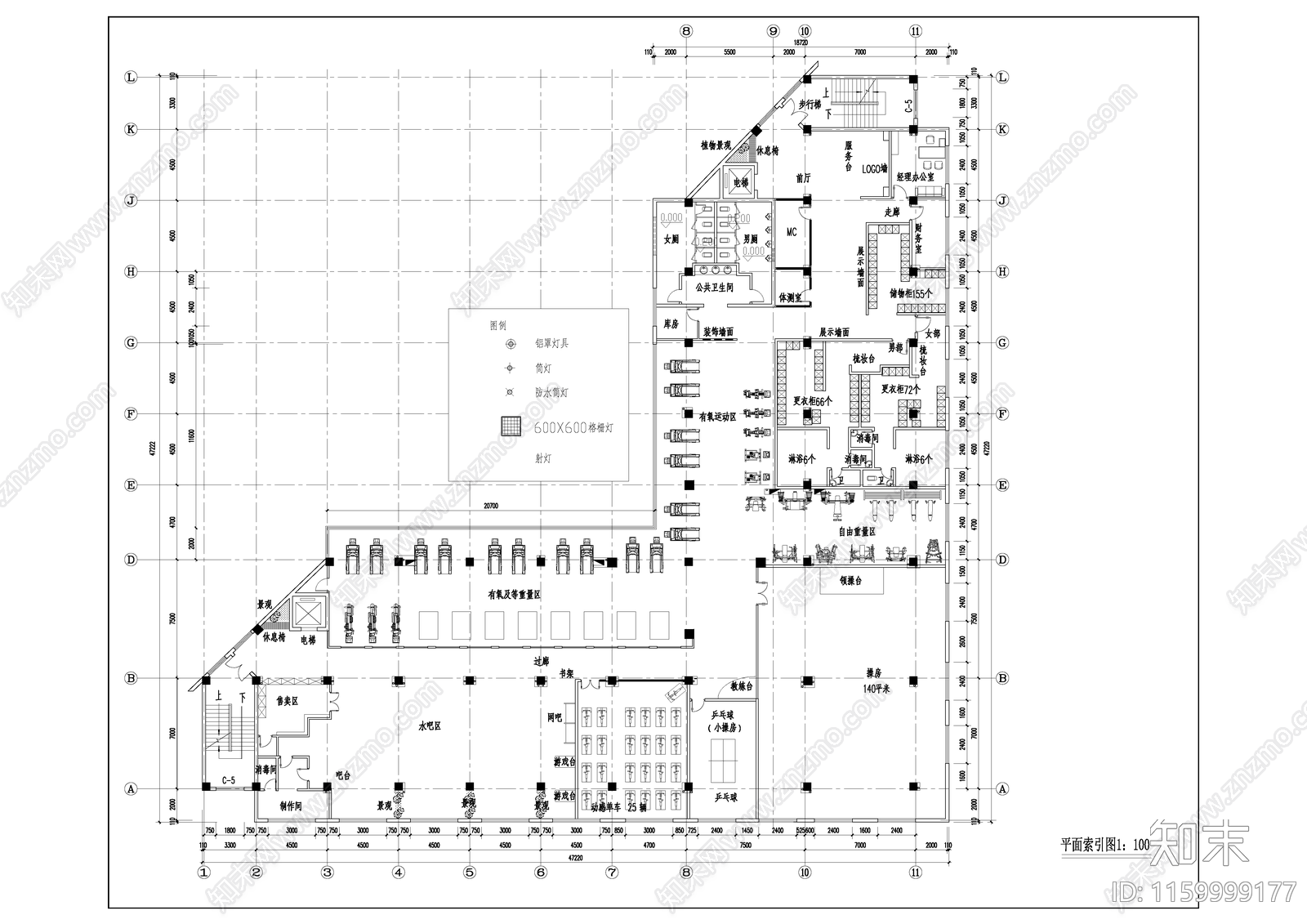 1000平健身房布局平面图cad施工图下载【ID:1159999177】