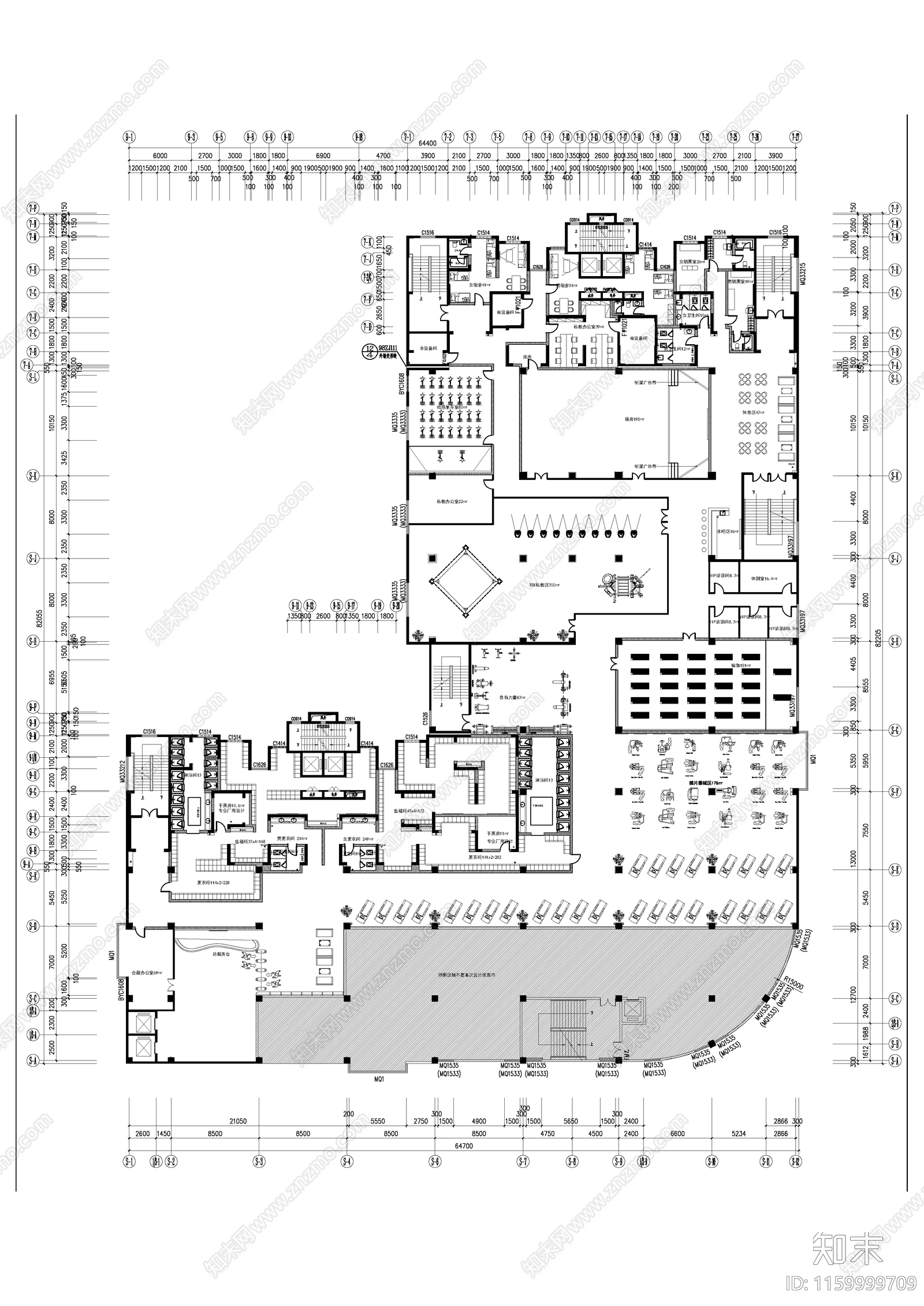 3000平健身会所布局平面图cad施工图下载【ID:1159999709】