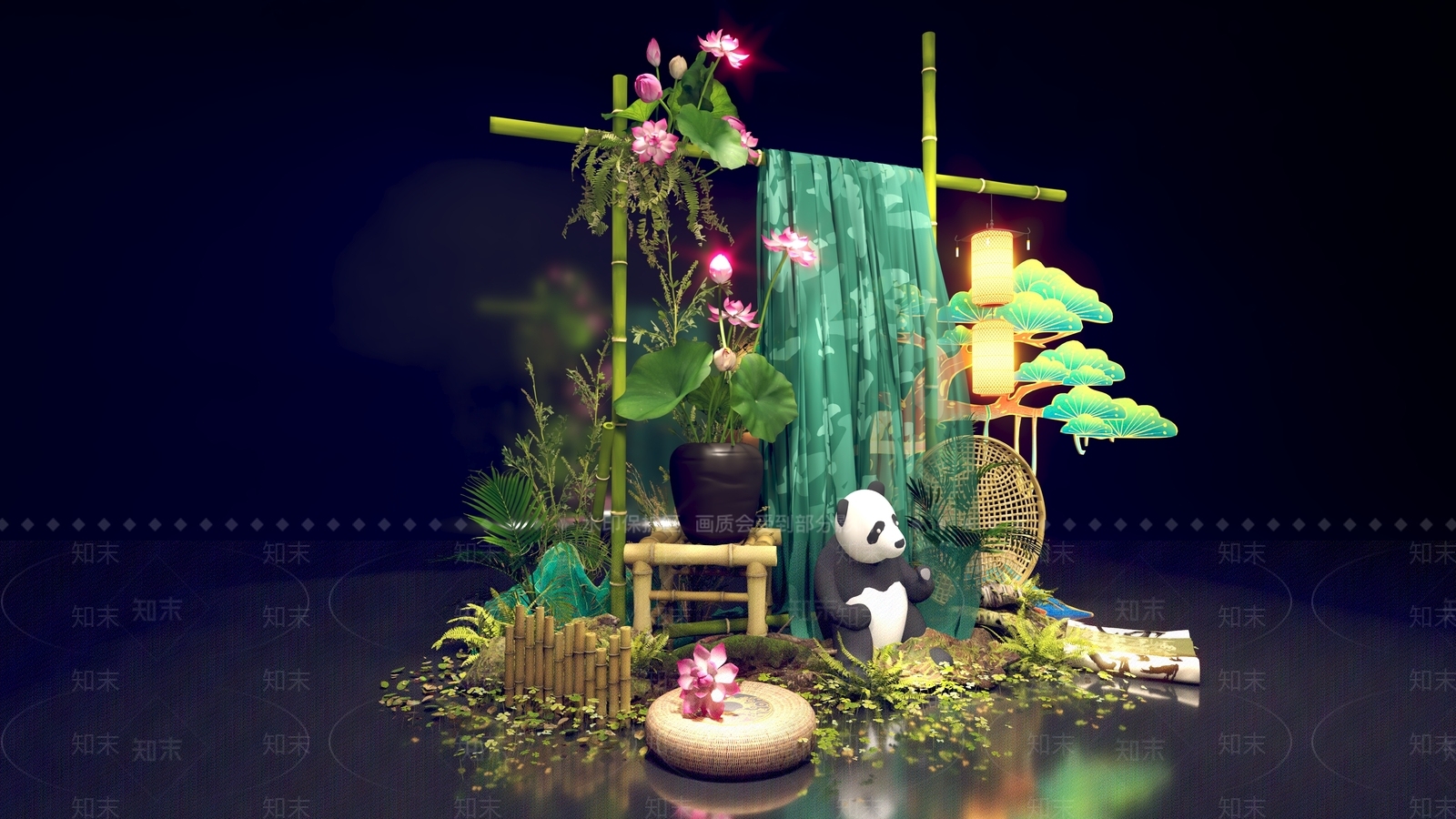 现代中式DP互动合影簸箕熊猫铺垫陶罐荷花荷叶竹艺SU模型下载【ID:1160000935】