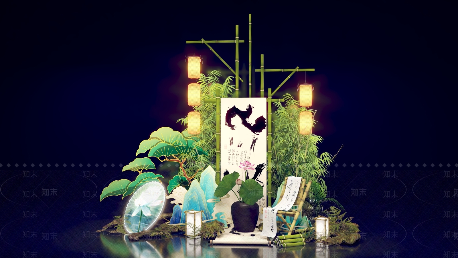 现代中式DP互动合影卷轴油纸伞竹灯竹竿竹椅灯笼荷花荷叶3D模型下载【ID:1160001282】