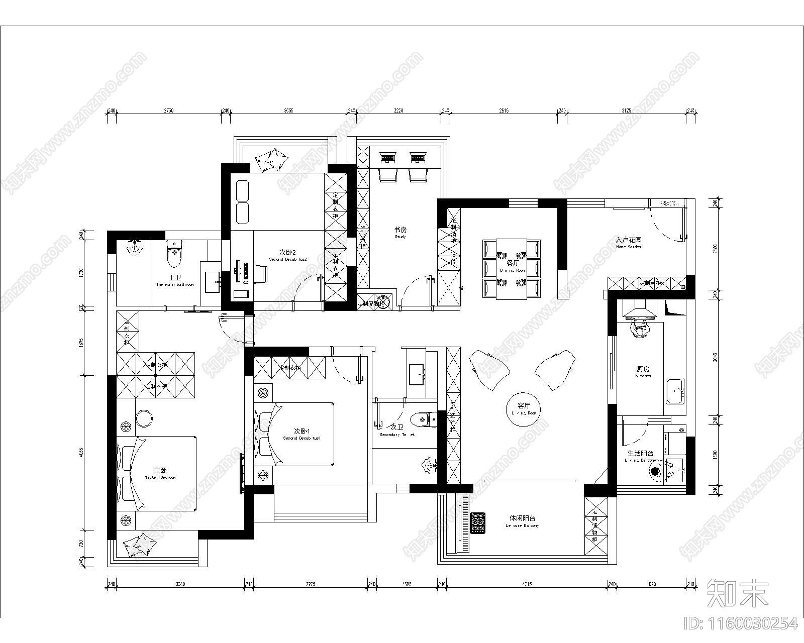 现代家装平面布置图cad施工图下载【ID:1160030254】