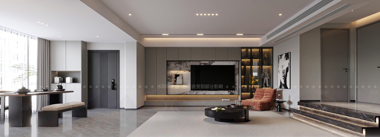 现代简约轻奢错层复式客餐厅3D模型下载【ID:1160043341】