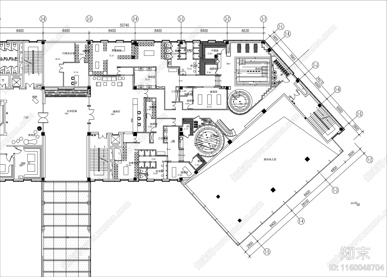 900㎡洗浴中心水疗会所平面布置图cad施工图下载【ID:1160048704】