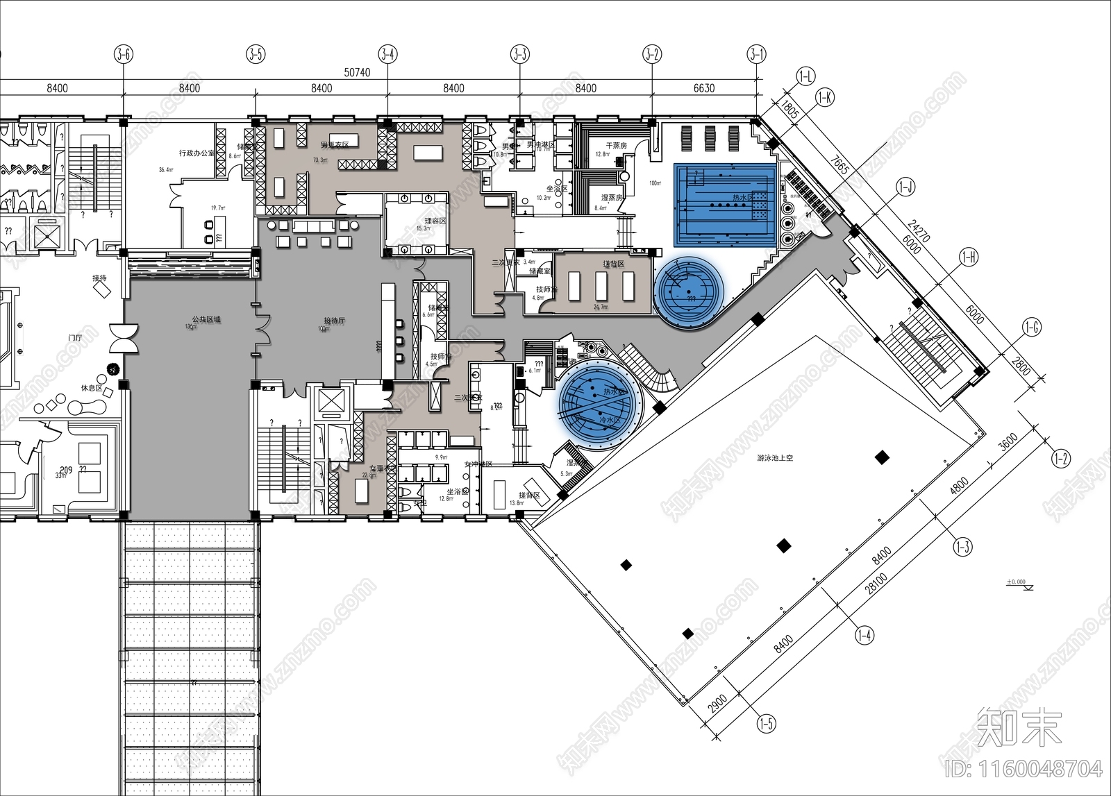 900㎡洗浴中心水疗会所平面布置图施工图下载【ID:1160048704】