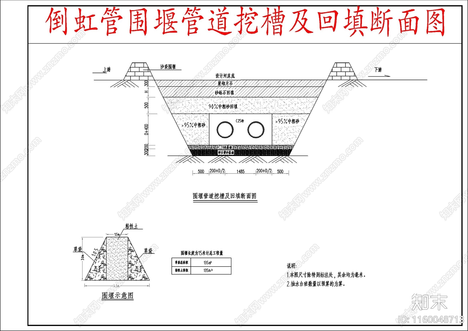 围堰管道挖槽及回填断面图施工图下载【ID:1160048713】