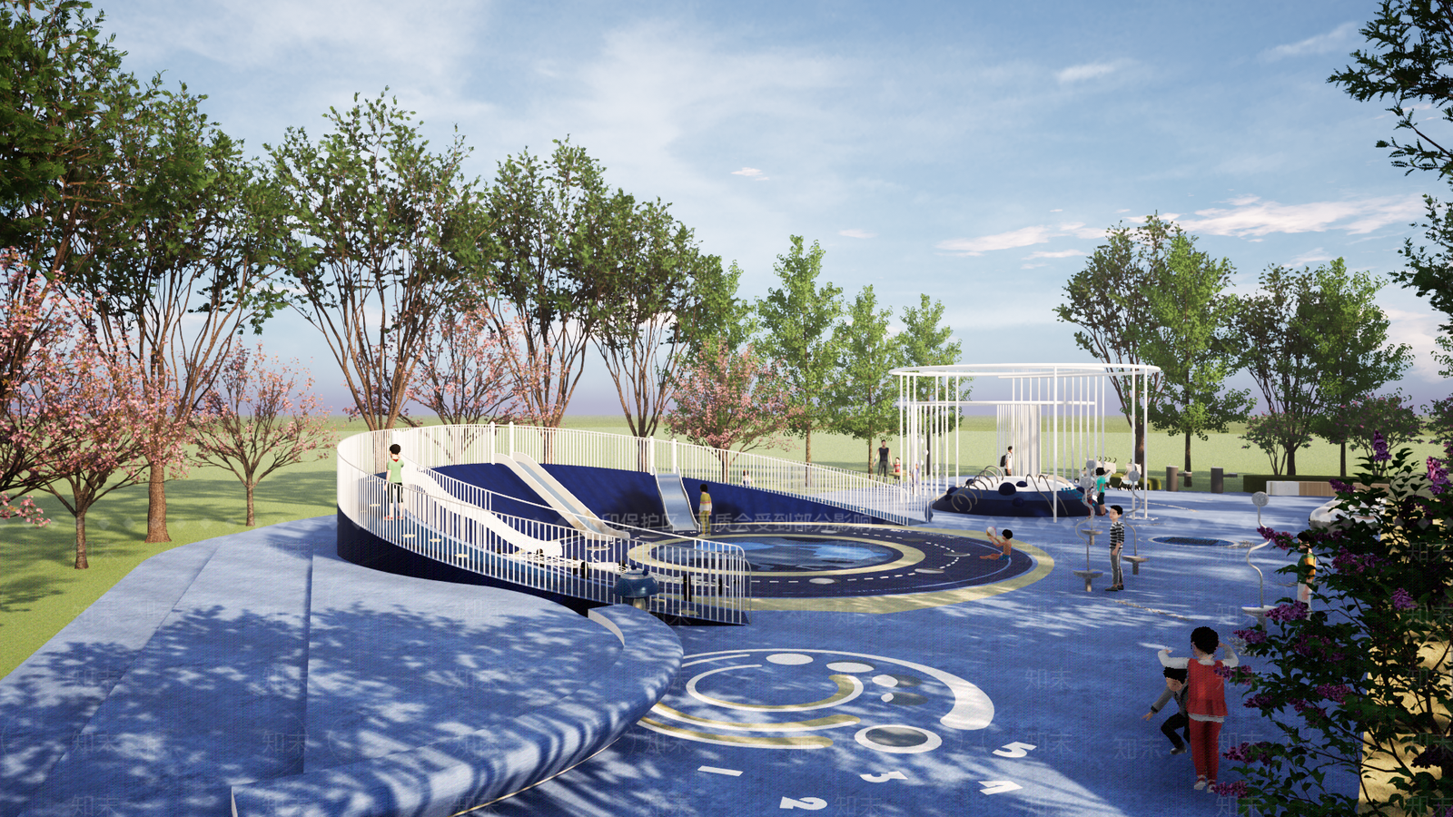 儿童活动场地滑梯秋千沙坑景墙SU模型下载【ID:1160119442】