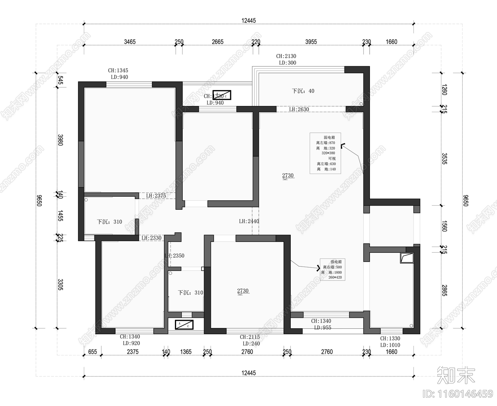 110平常规户型现代平面布置图cad施工图下载【ID:1160146459】