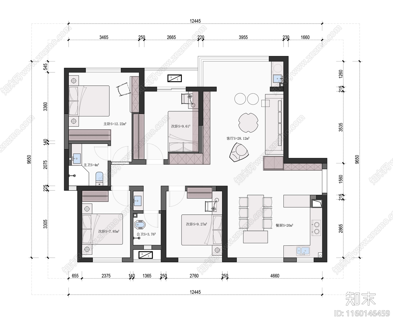 110平常规户型现代平面布置图cad施工图下载【ID:1160146459】