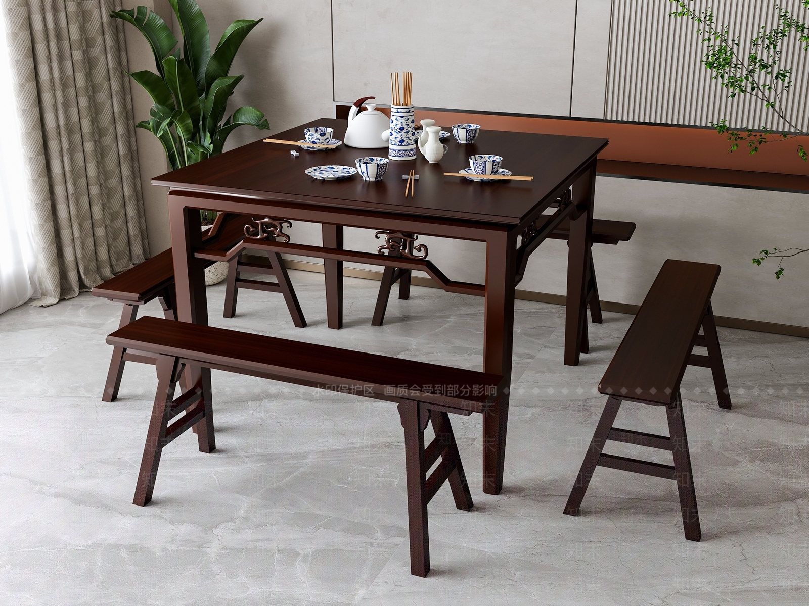 新中式餐桌凳组合3D模型下载【ID:1160075957】