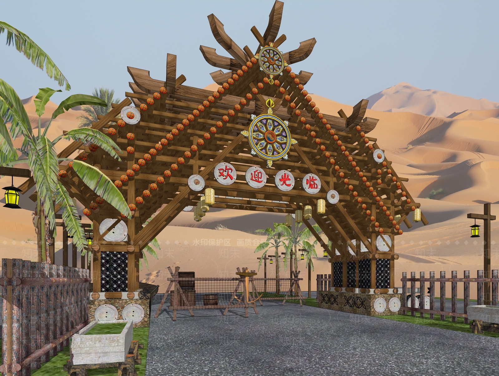 木构架景区城寨村庄入口大门SU模型下载【ID:1160078345】