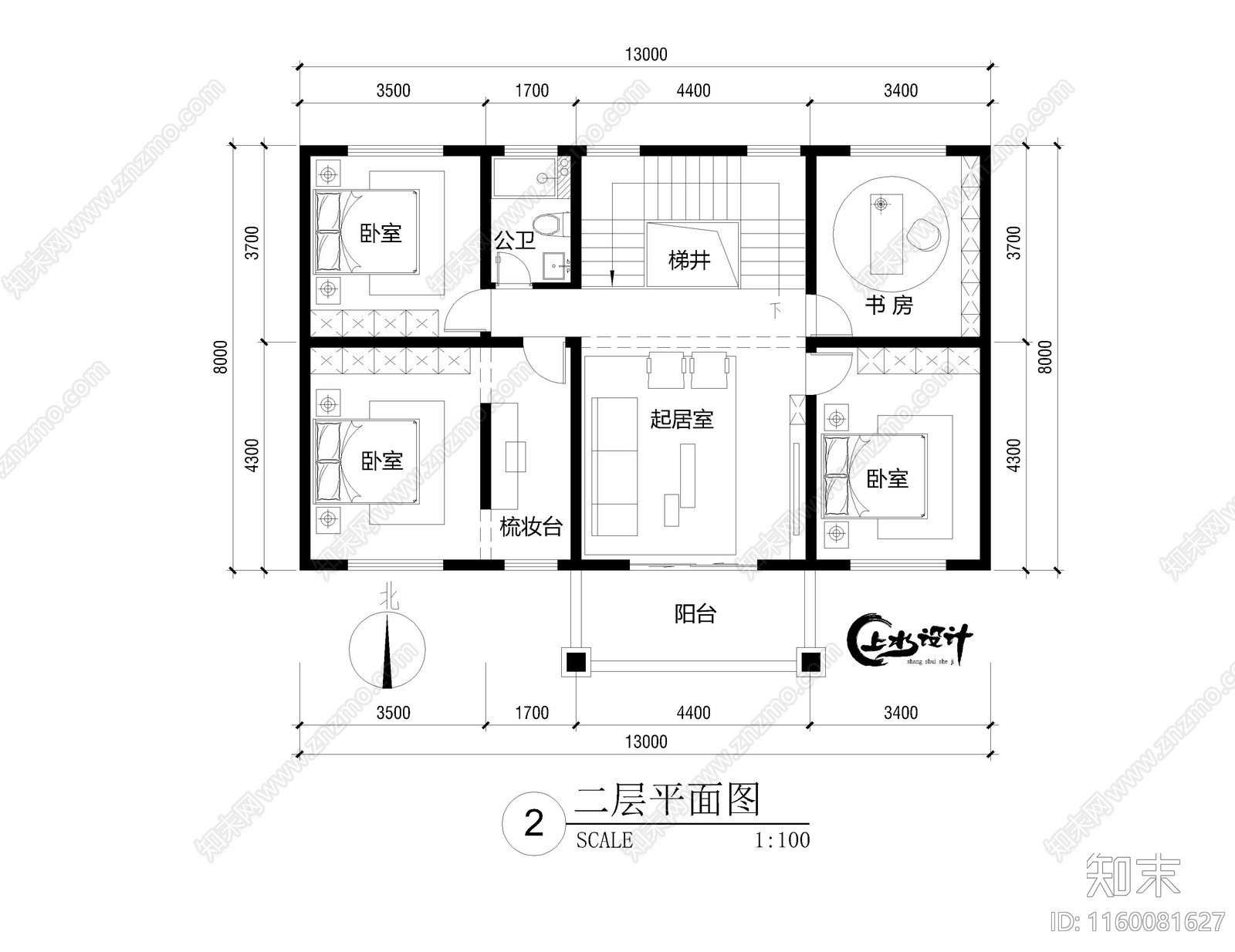 面宽13米进深8米二层农村自建房cad施工图下载【ID:1160081627】