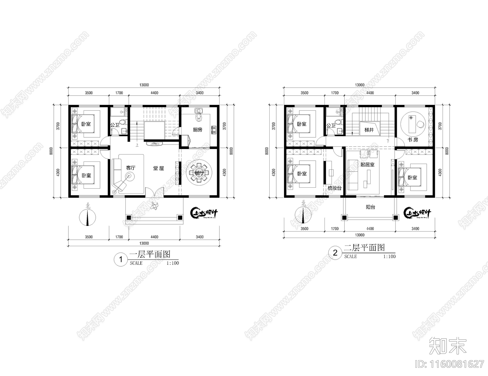 面宽13米进深8米二层农村自建房cad施工图下载【ID:1160081627】