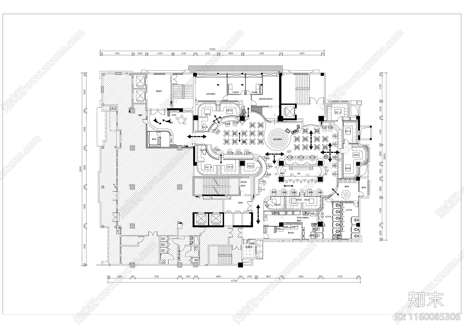 1200平慢摇吧布局cad施工图下载【ID:1160085306】