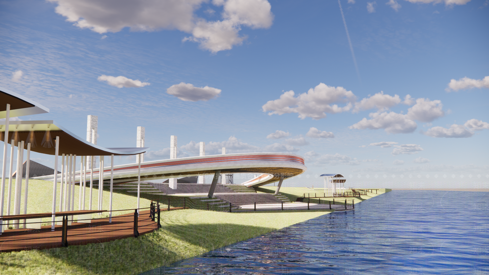 滨水廊桥SU模型下载【ID:1160176293】