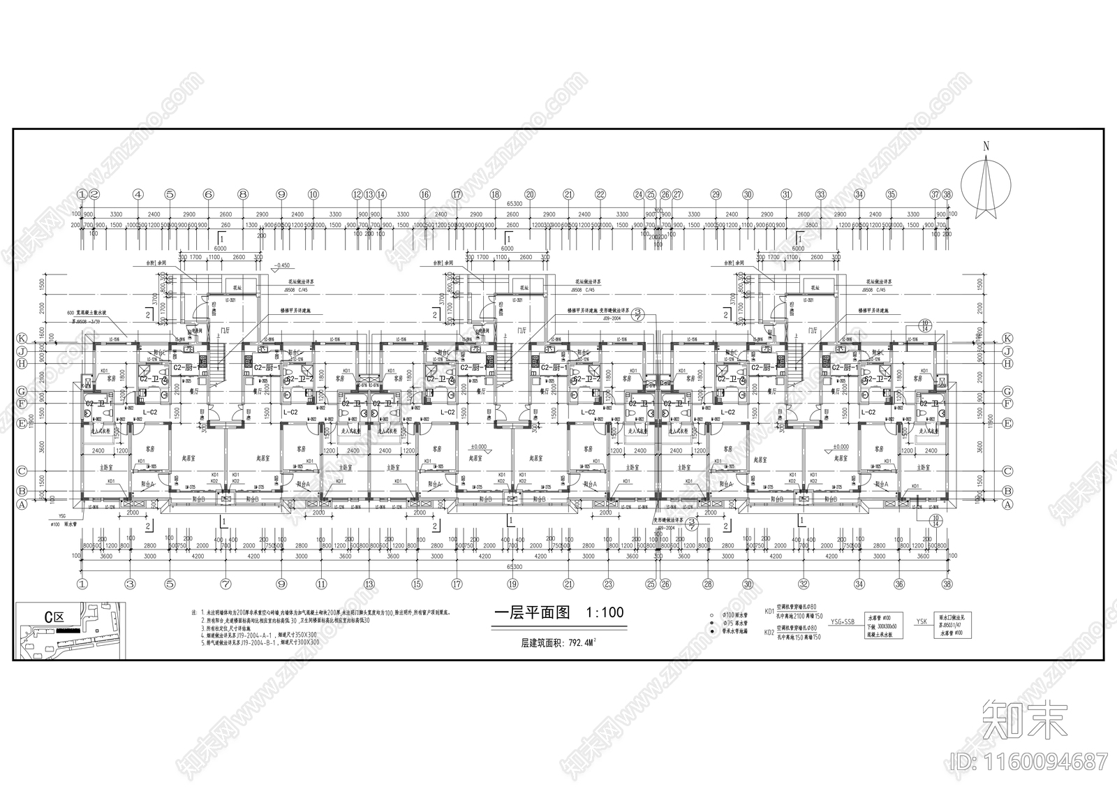 居民区五层住宅楼建cad施工图下载【ID:1160094687】