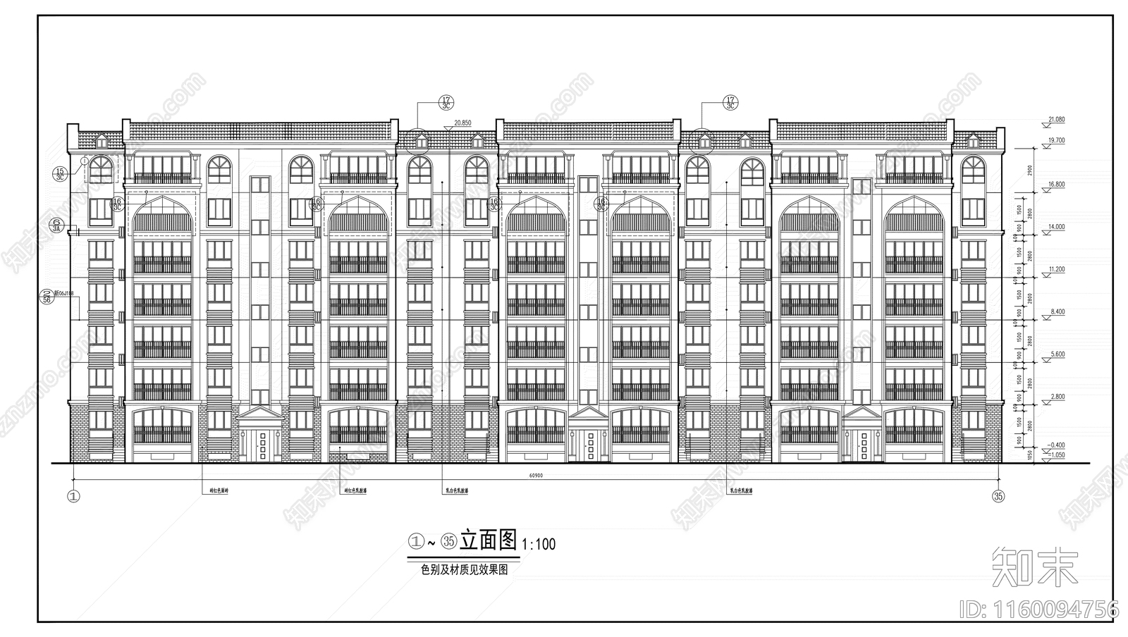 六层板式住宅楼建cad施工图下载【ID:1160094756】