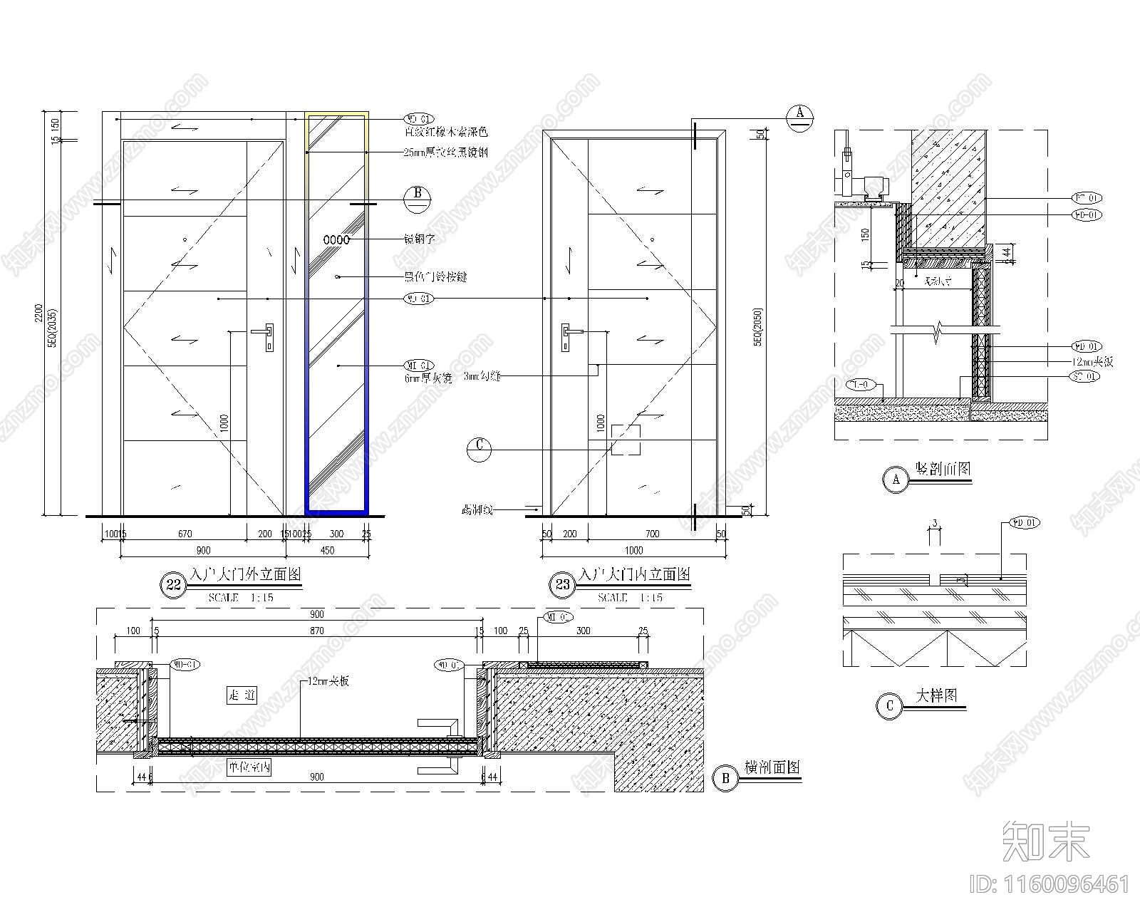 入户大门外立面图cad施工图下载【ID:1160096461】