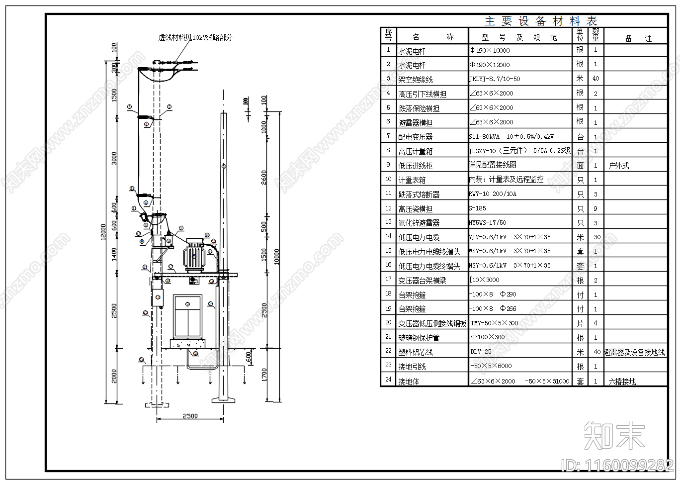 10kV线路杆上安装变压器安装图cad施工图下载【ID:1160099282】