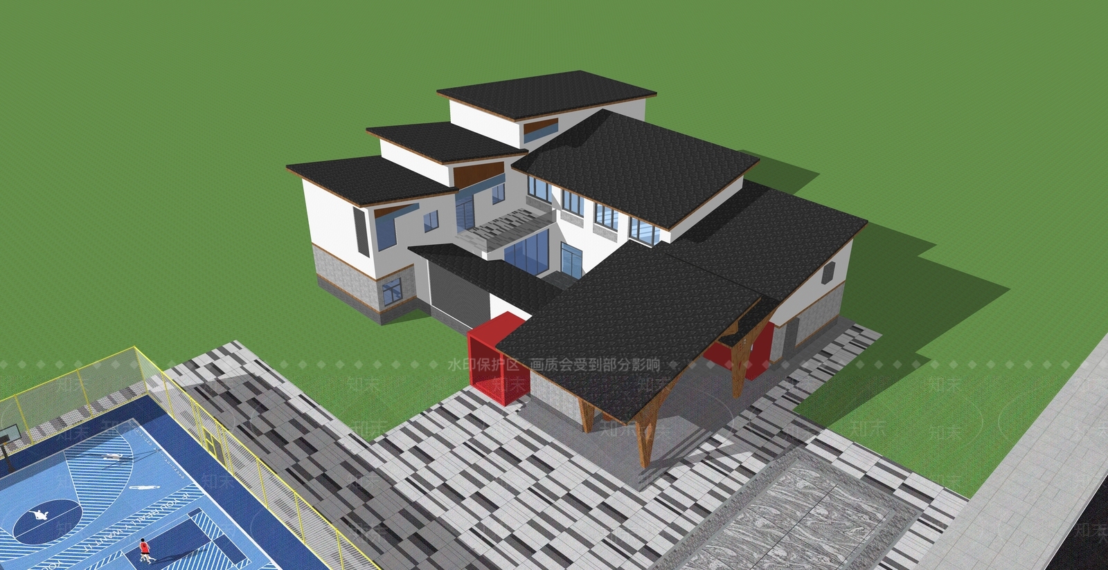 现代新中式活动中心建筑3D模型下载【ID:1160105053】
