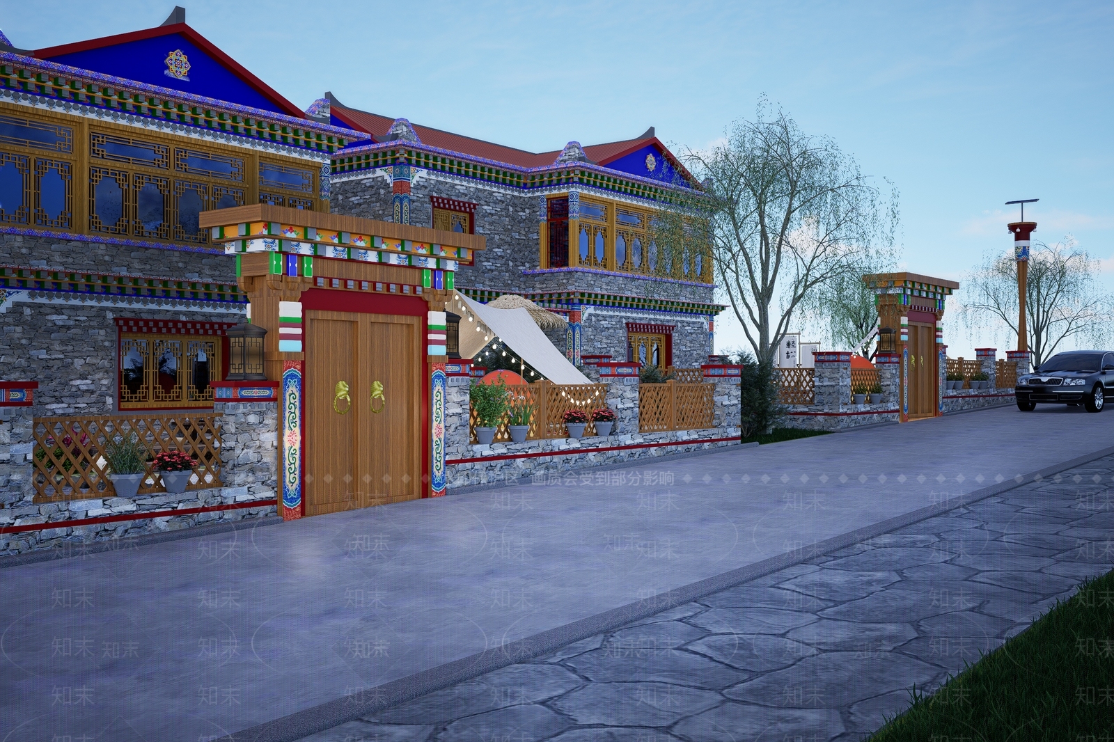 新中式甘孜乡村民宿庭院景观SU模型下载【ID:1161581802】