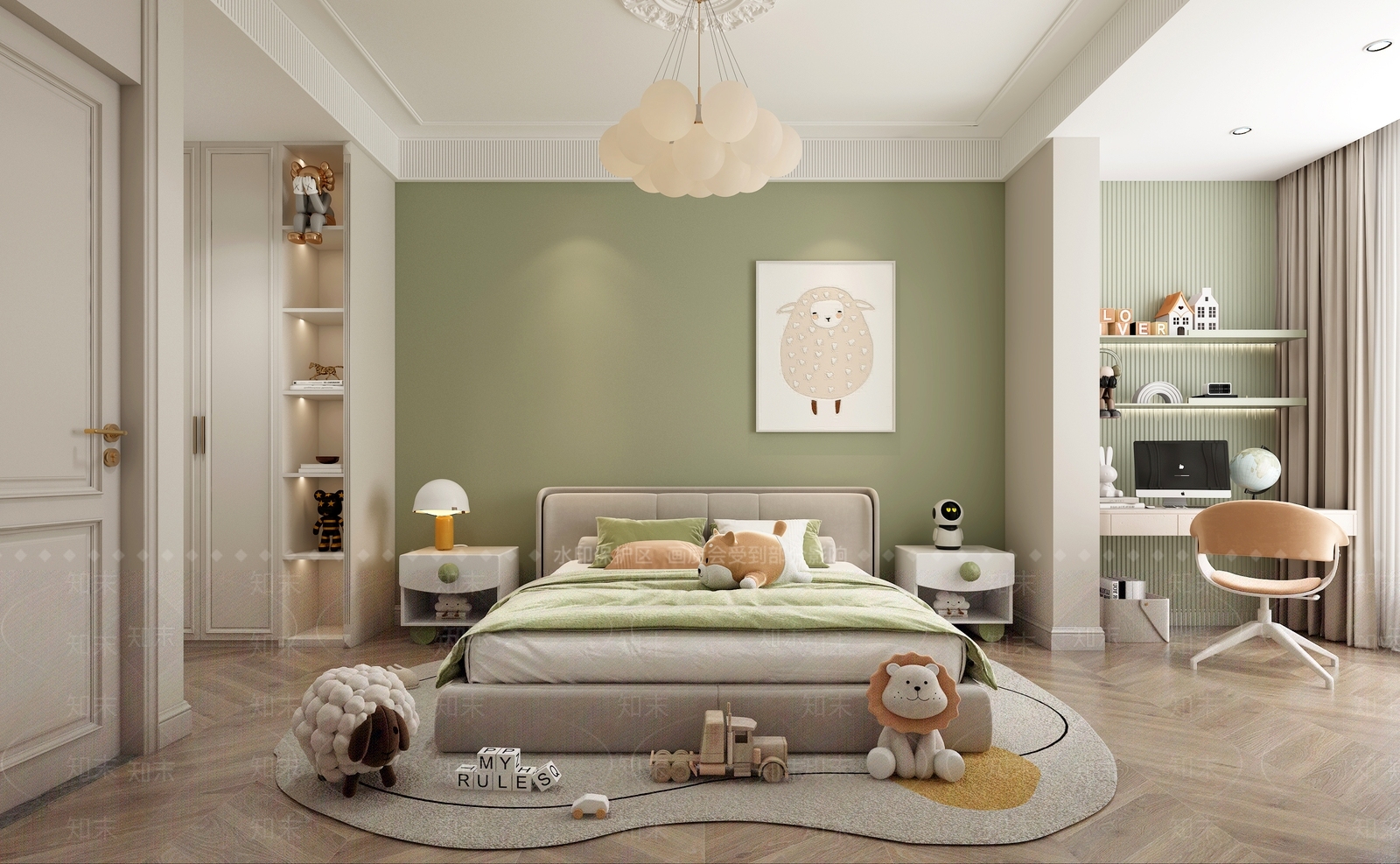 现代北欧卧室儿童房床床头柜书桌摆件3D模型下载【ID:1160108657】