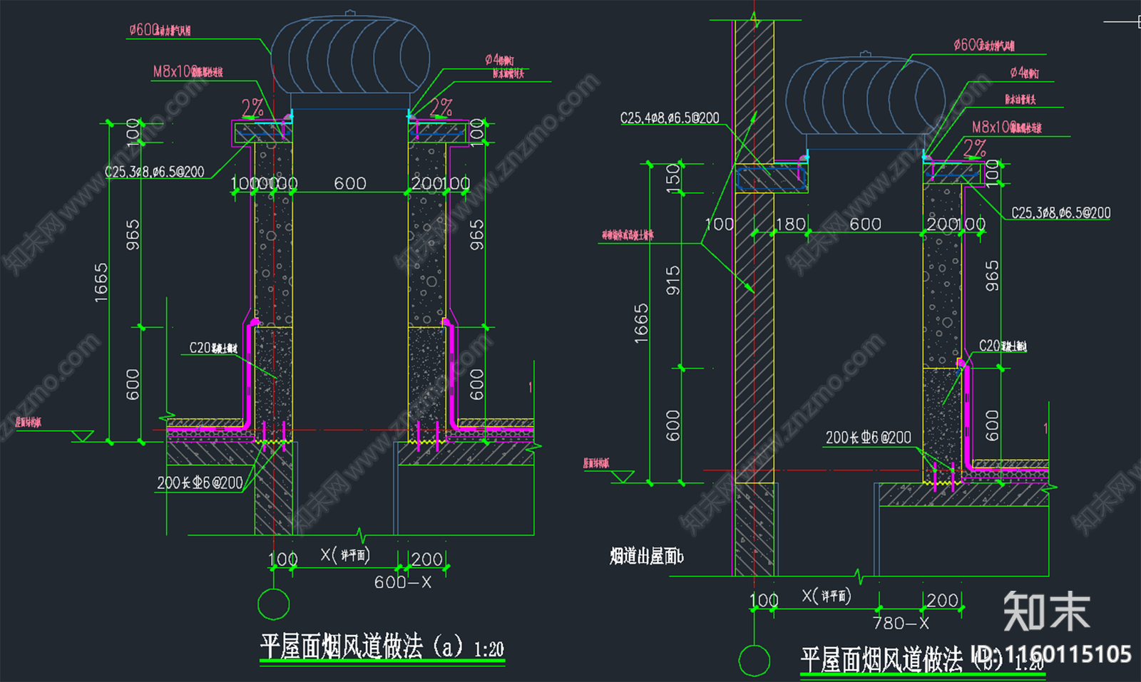 平屋面烟囱风道做cad施工图下载【ID:1160115105】