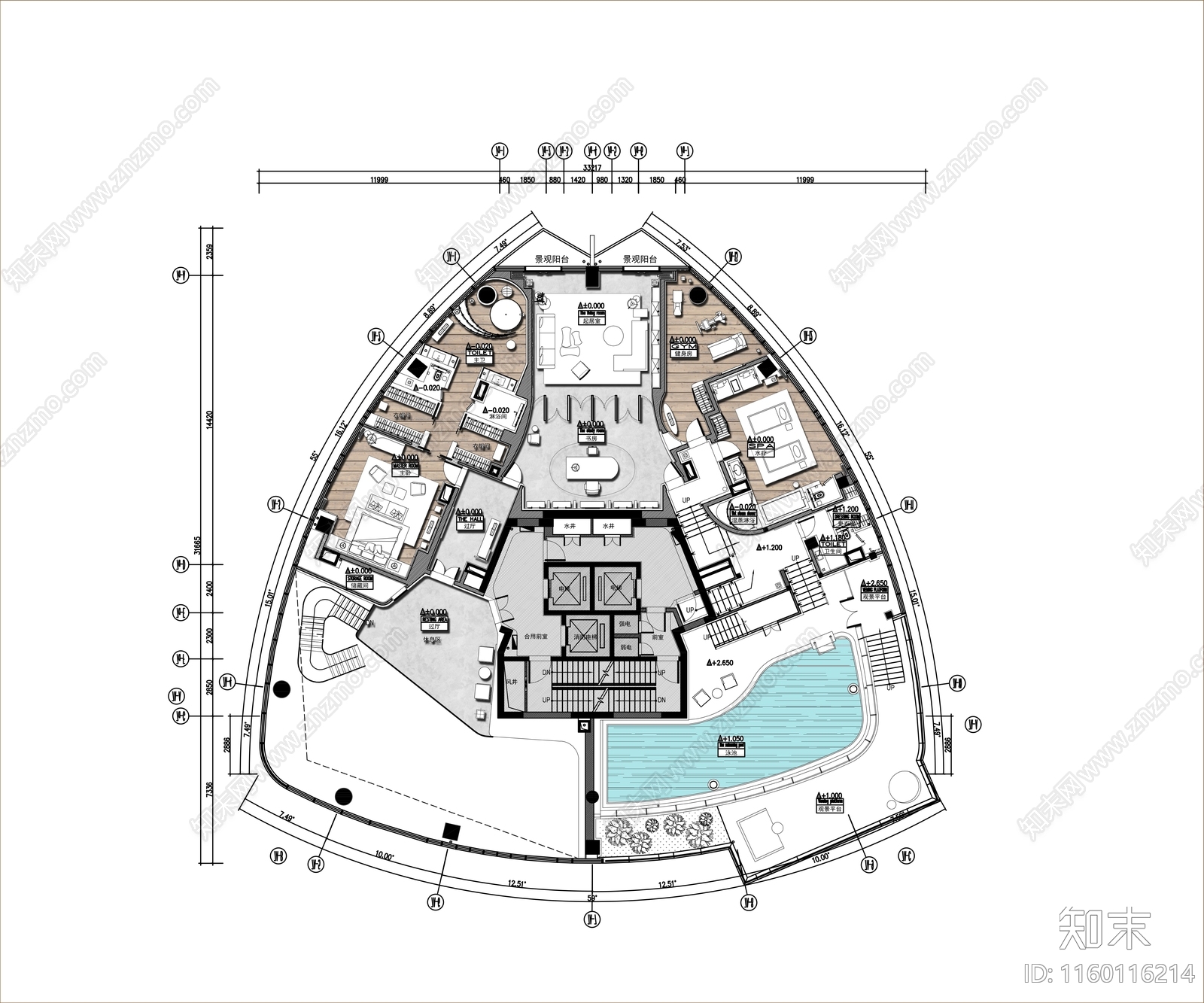 酒店1800㎡顶层会所套房平面布置图cad施工图下载【ID:1160116214】