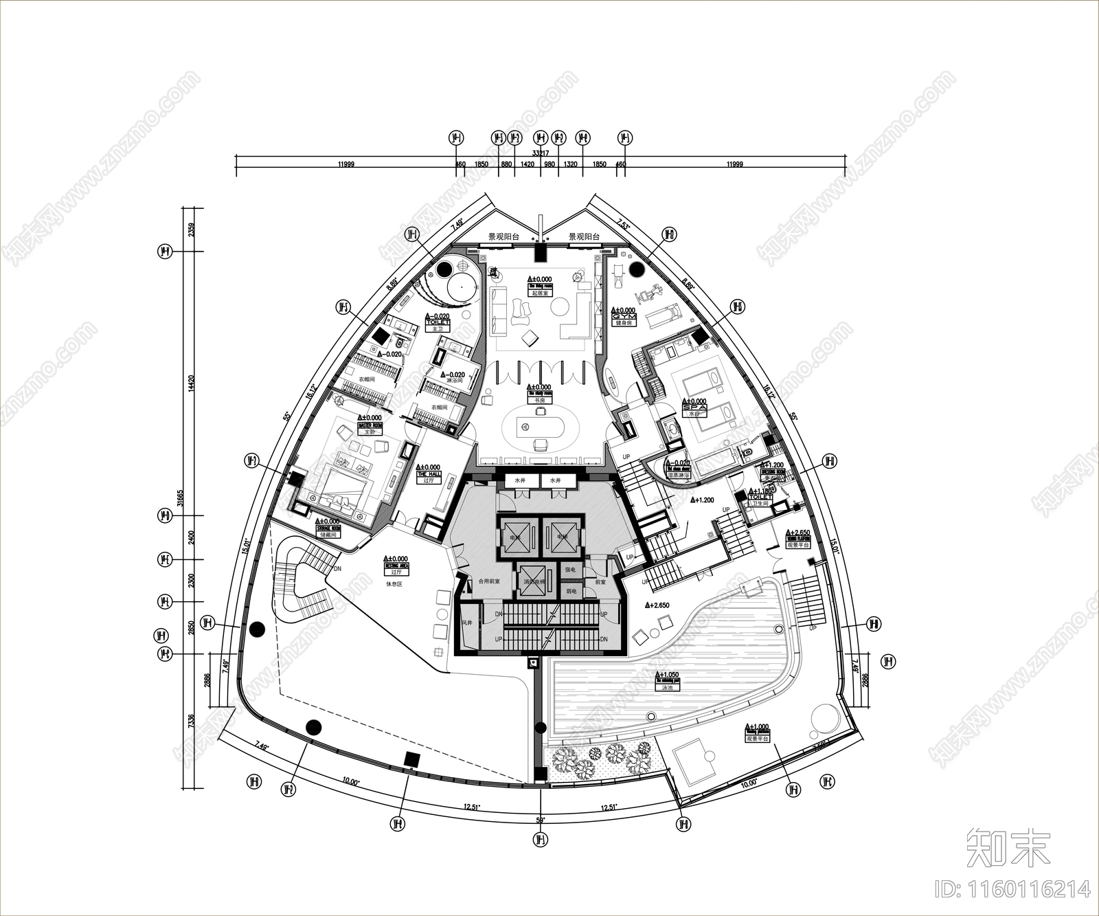 酒店1800㎡顶层会所套房平面布置图cad施工图下载【ID:1160116214】