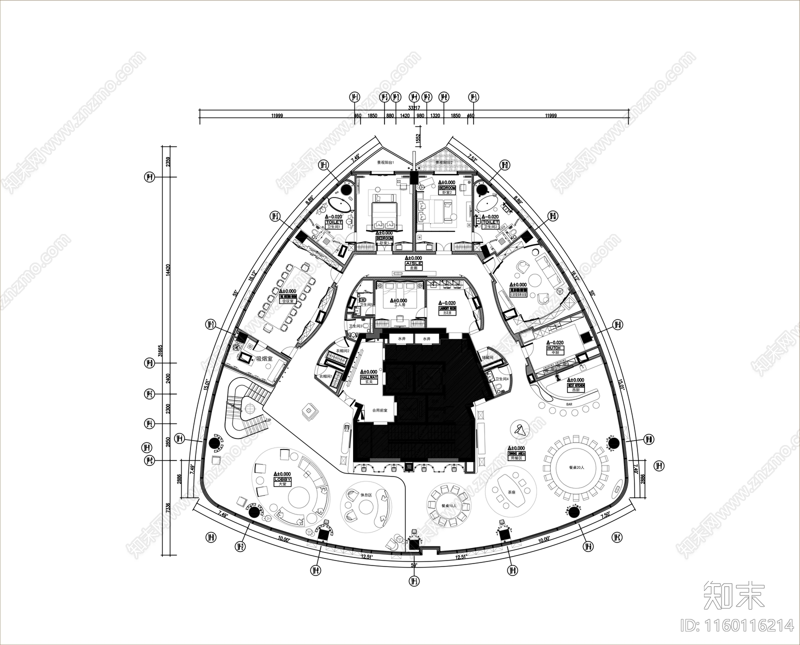 酒店1800㎡顶层会所套房平面布置图cad施工图下载【ID:1160116214】