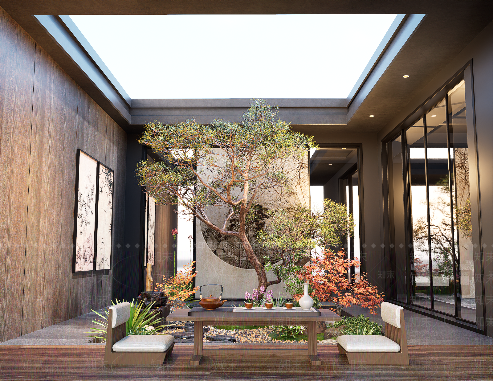 日式禅意天井庭院景观SU模型下载【ID:1160127468】